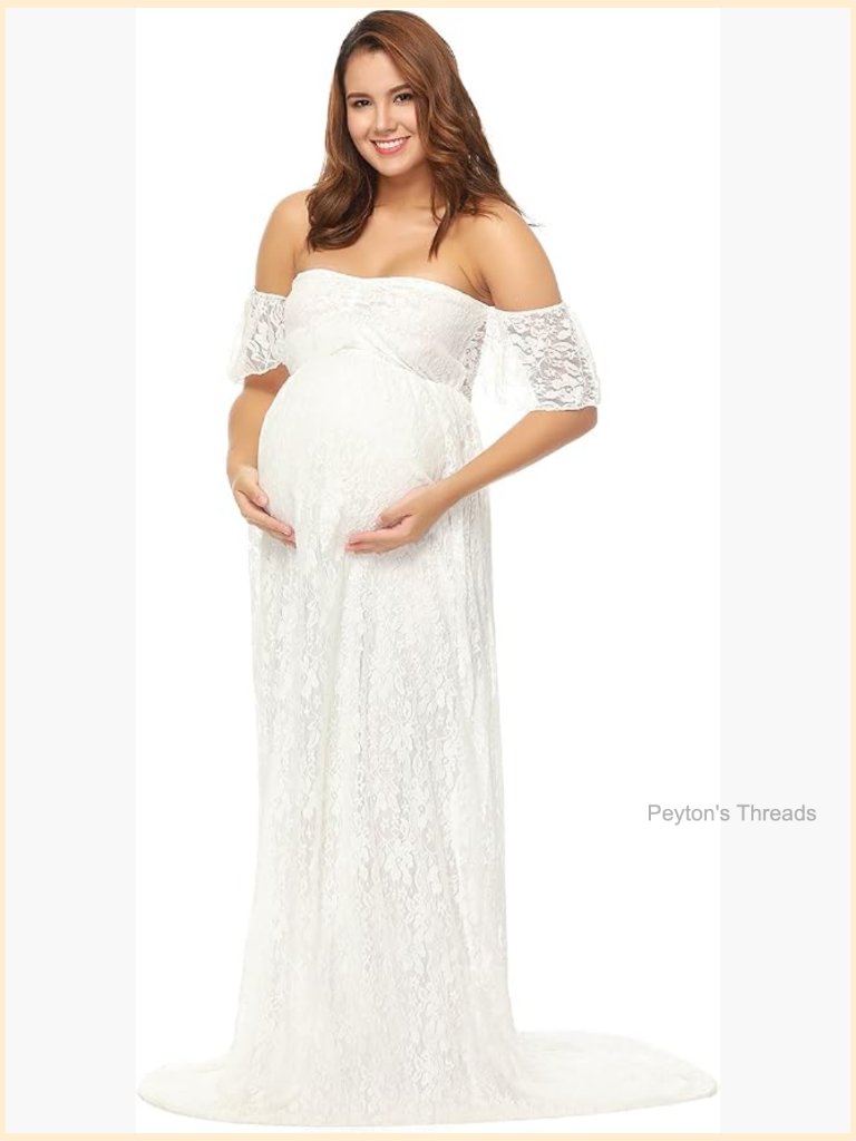 Off Shoulder Ruffle Sleeve Lace Wedding Maxi Dress For Photography
